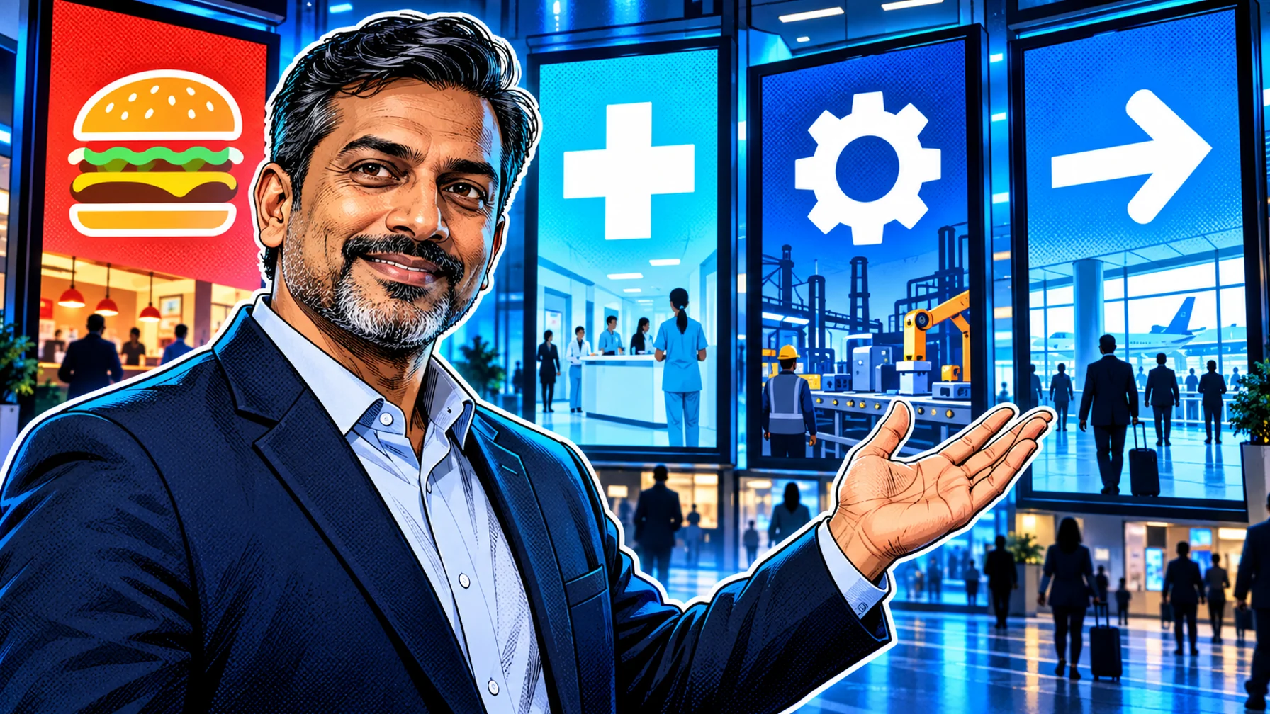 A Practical Buyer's Guide to Digital Signage Use Cases by Industry: editorial illustration of a thoughtful middle-aged South Asian male operations buyer in a navy blazer and collared shirt
