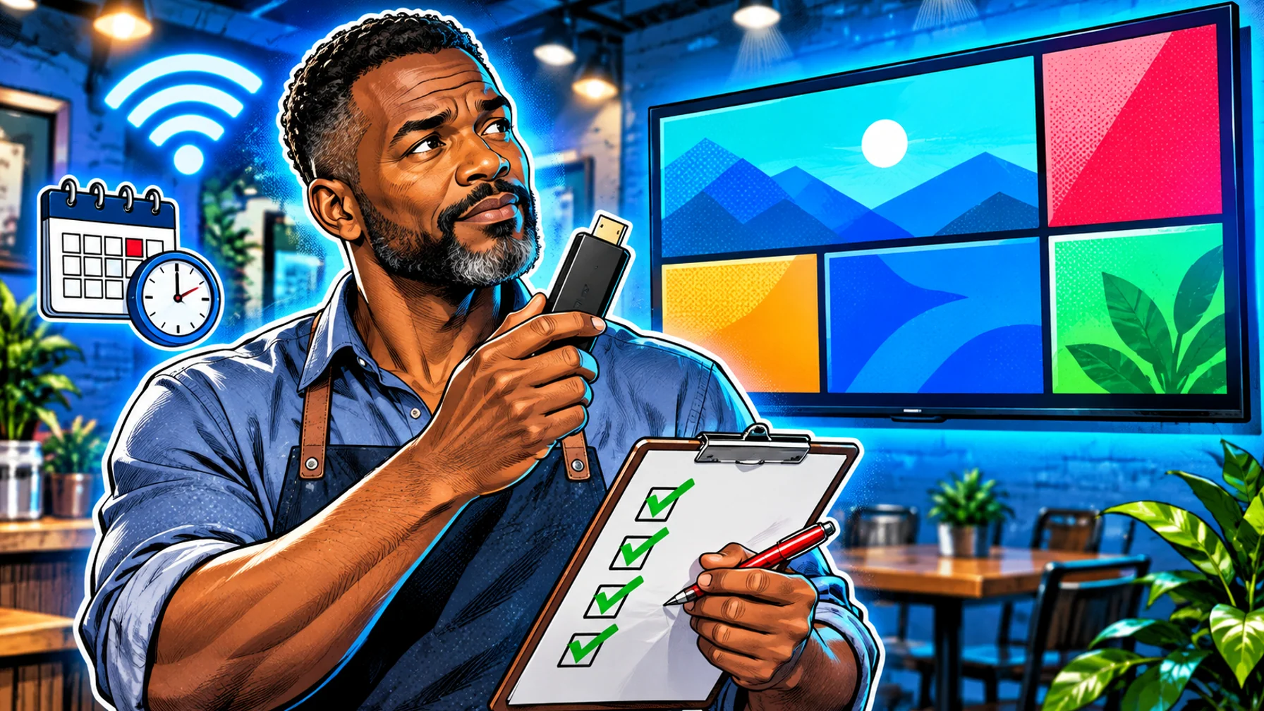 Free Digital Signage Software for Smart TVs: What to Check First: editorial illustration of a thoughtful middle-aged Black male small business owner wearing a casual collared shirt and rolled-up sleeves