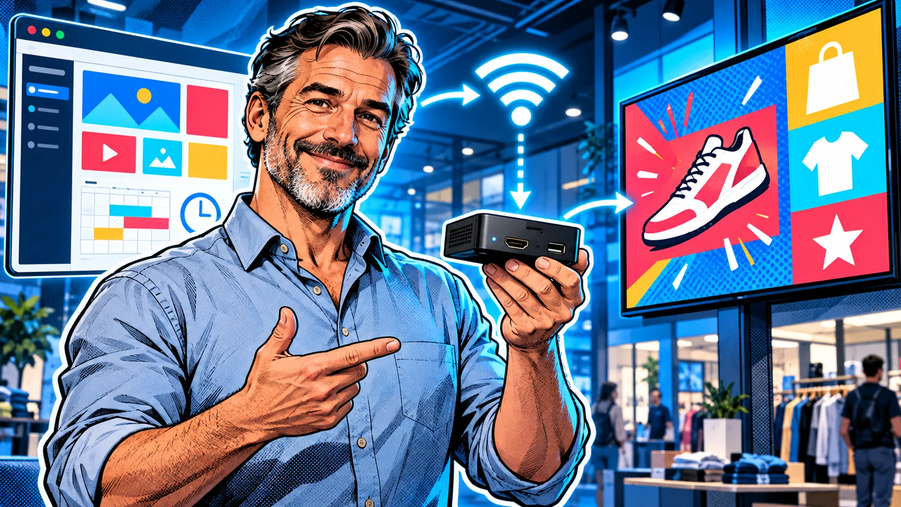 How Does Digital Signage Work? CMS, Players and Displays Explained: editorial illustration of a friendly middle-aged male store operations manager in a casual button-down shirt and rolled-up sleeves
