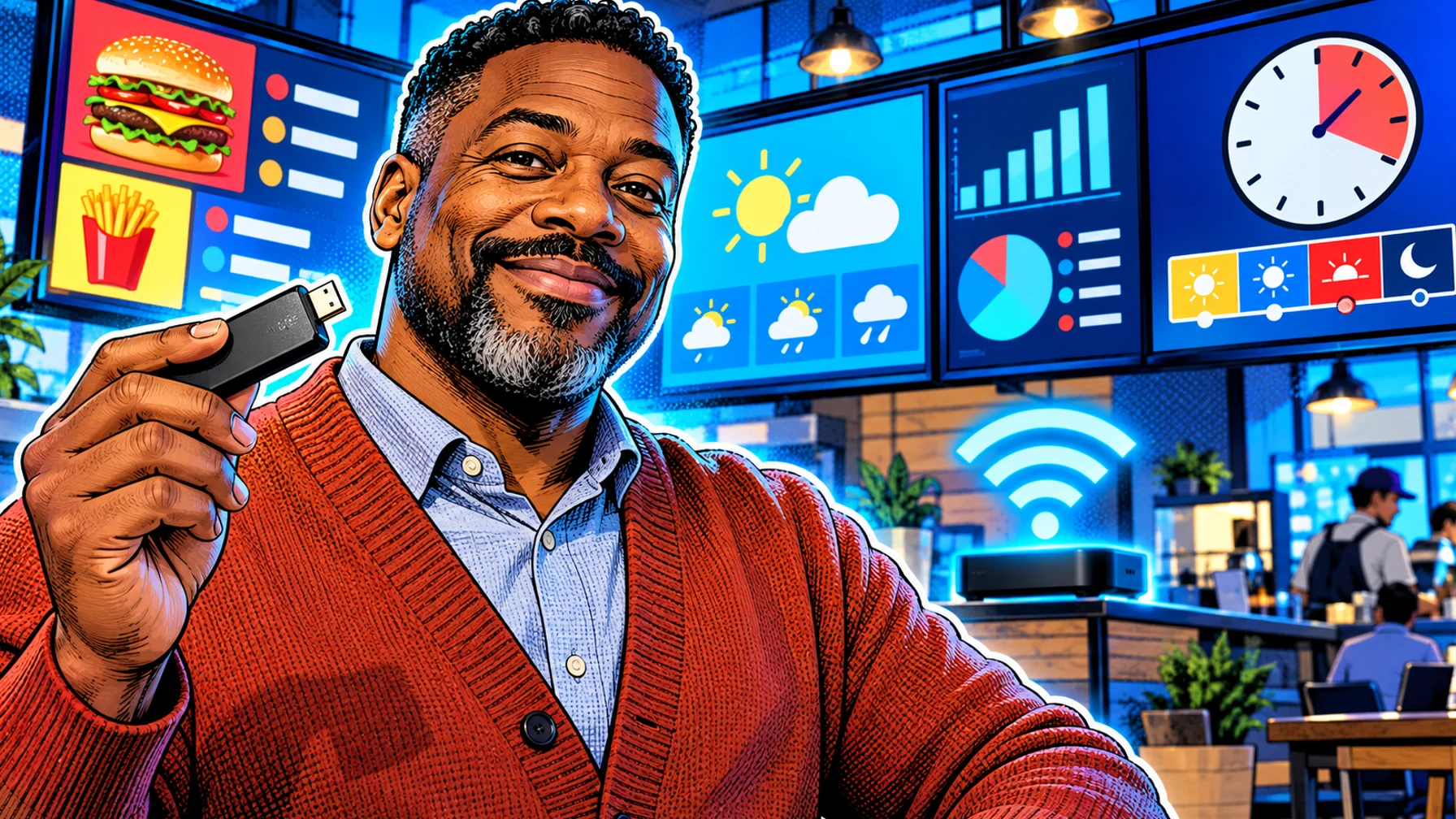 What Is Digital Signage? A Practical Guide for Businesses: editorial illustration of an approachable middle-aged Black male small-business owner wearing a terracotta cardigan over a collared shirt