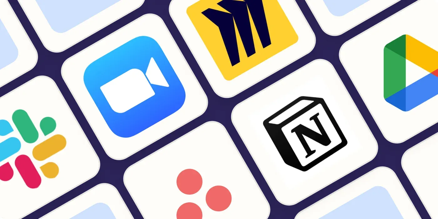 App icons for Slack, Zoom, Notion, Google Drive, Asana and Miro arranged in a grid
