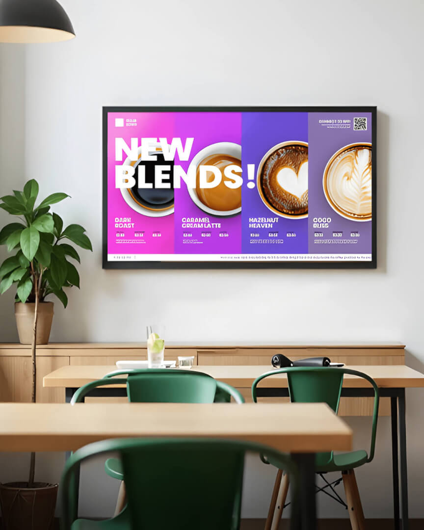 Café wall screen advertising new coffee blends above a wooden table