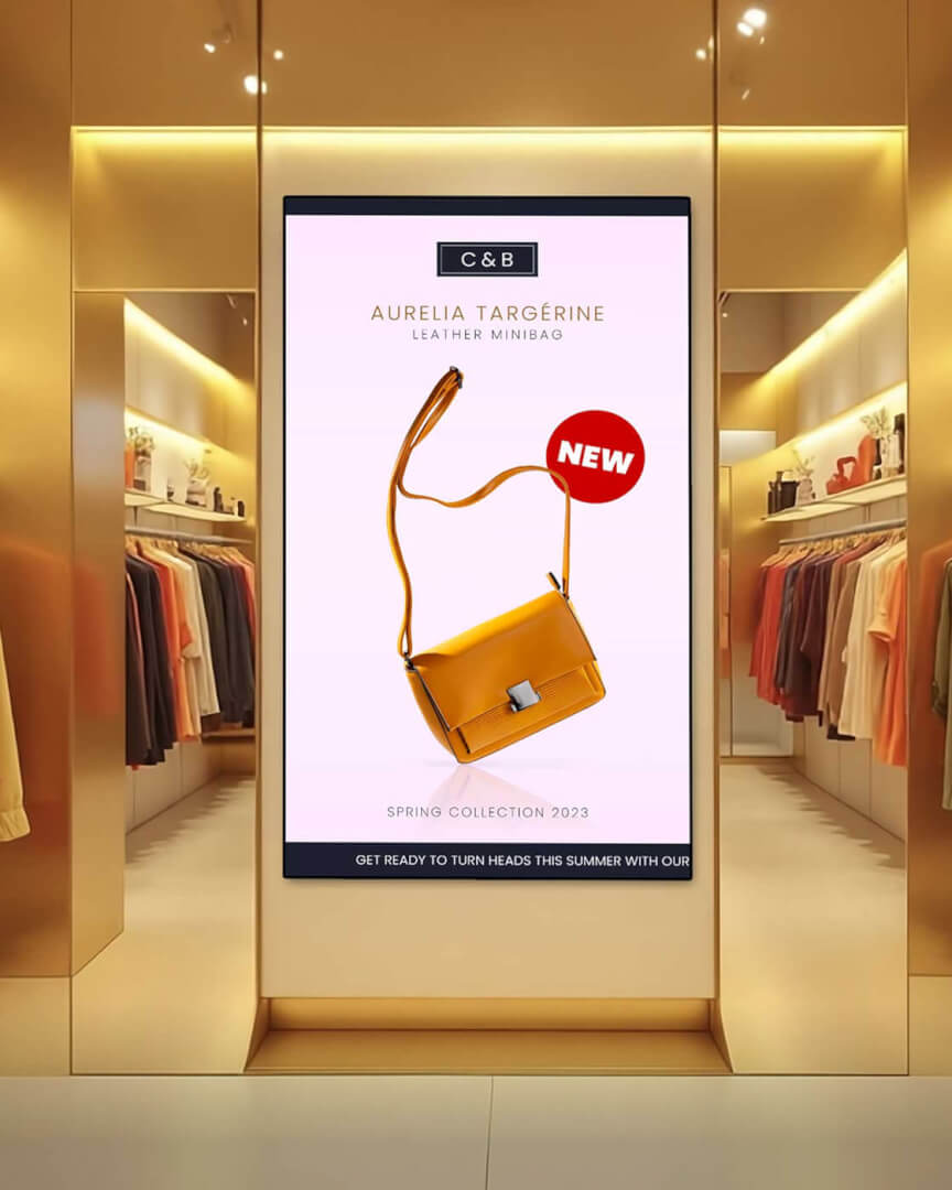 Vertical display in a boutique window showcasing a new yellow leather handbag