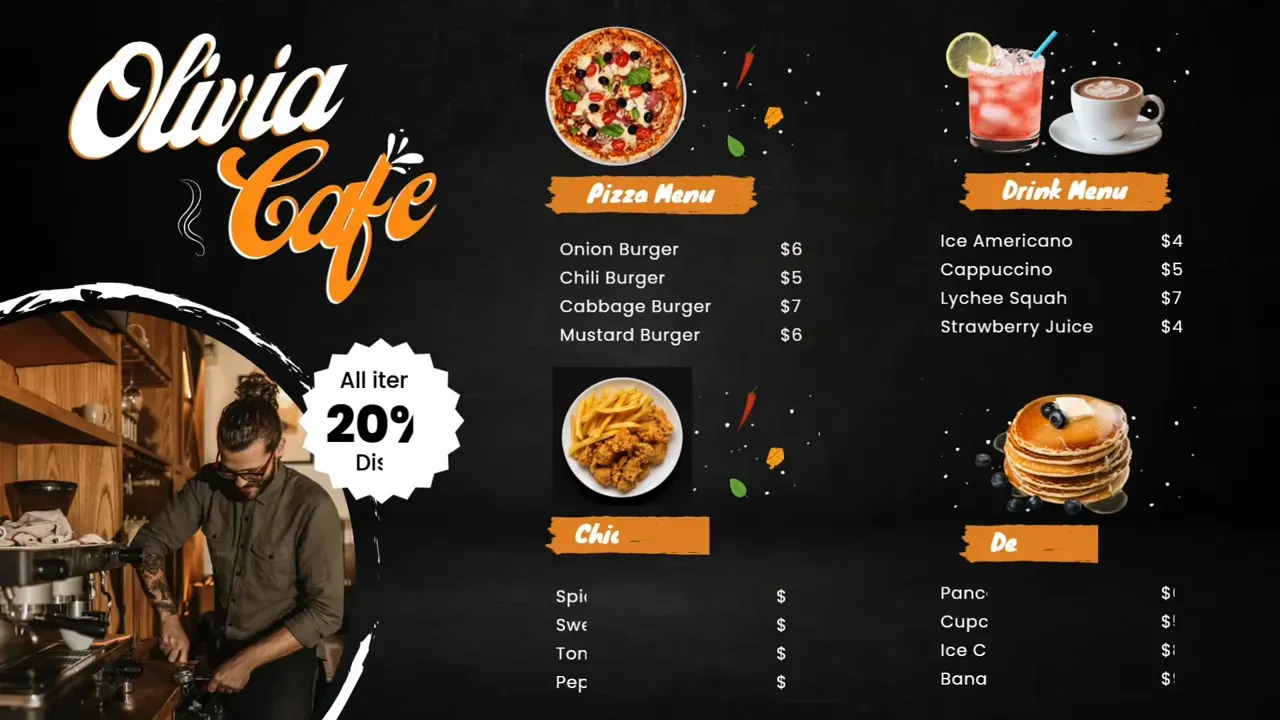 Restaurant digital menu board showing food and drink specials