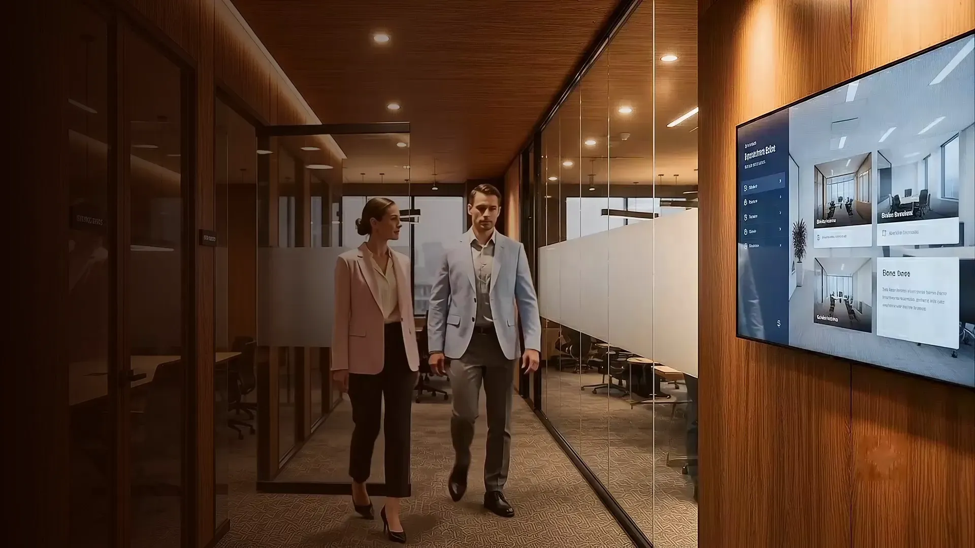 Digital signage screens on display in a modern space