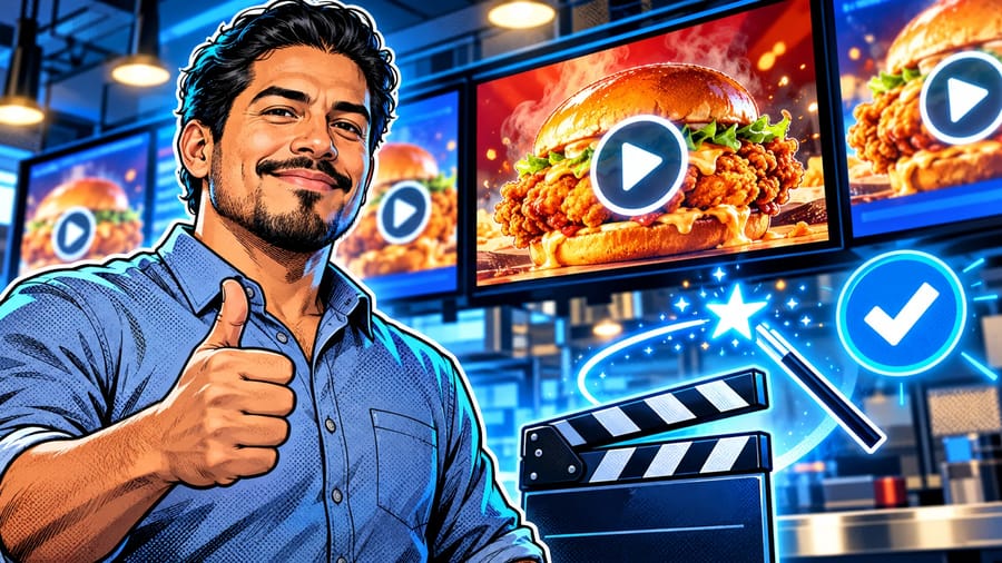 AI Menu Video Templates for Restaurants and QSR Campaigns: editorial illustration of a focused thirties Hispanic male QSR marketing manager wearing a smart casual collared shirt with rolled-up sleeves