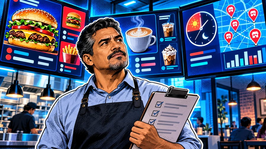 How to Compare Digital Signage Software for Restaurants: editorial illustration of a focused middle-aged Hispanic restaurant operations manager in a neat collared shirt and dark apron