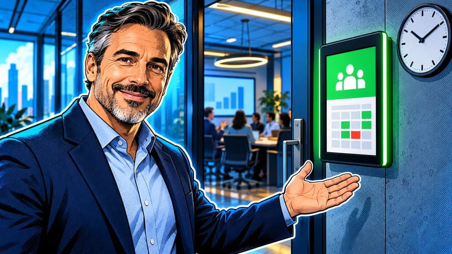Conference Room Digital Signage and Room Booking: editorial illustration of a calm middle-aged male office manager in a navy blazer over a light blue collared shirt