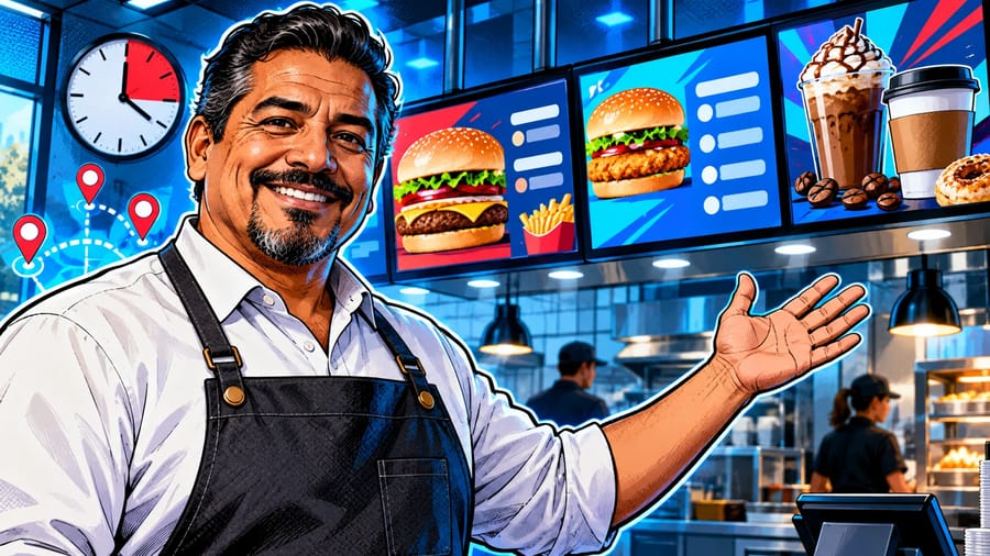The Complete Guide to Digital Menu Boards and Restaurant Signage: editorial illustration of a friendly middle-aged Hispanic male quick-service restaurant owner wearing a crisp collared shirt and a dark chef apron