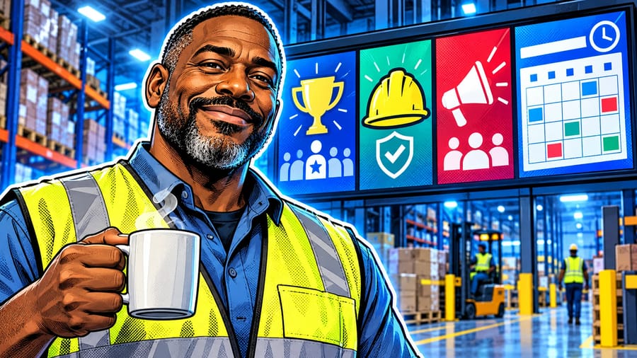 Digital Signage for Internal Communications: editorial illustration of a friendly middle-aged Black male warehouse supervisor wearing a high-visibility safety vest over a collared shirt