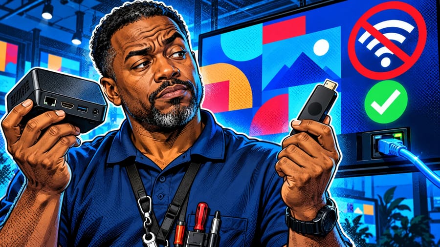 Digital Signage Player Guide: Hardware, Operating Systems and Offline Playback: editorial illustration of a thoughtful middle-aged Black male IT technician wearing a collared polo shirt with a tool lanyard