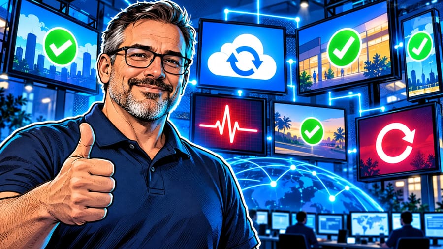 Digital Signage Remote Management: Updates, Health and Recovery: editorial illustration of a calm middle-aged male IT operations manager in a navy polo shirt and glasses