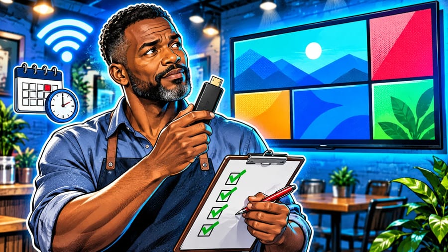 Free Digital Signage Software for Smart TVs: What to Check First: editorial illustration of a thoughtful middle-aged Black male small business owner wearing a casual collared shirt and rolled-up sleeves