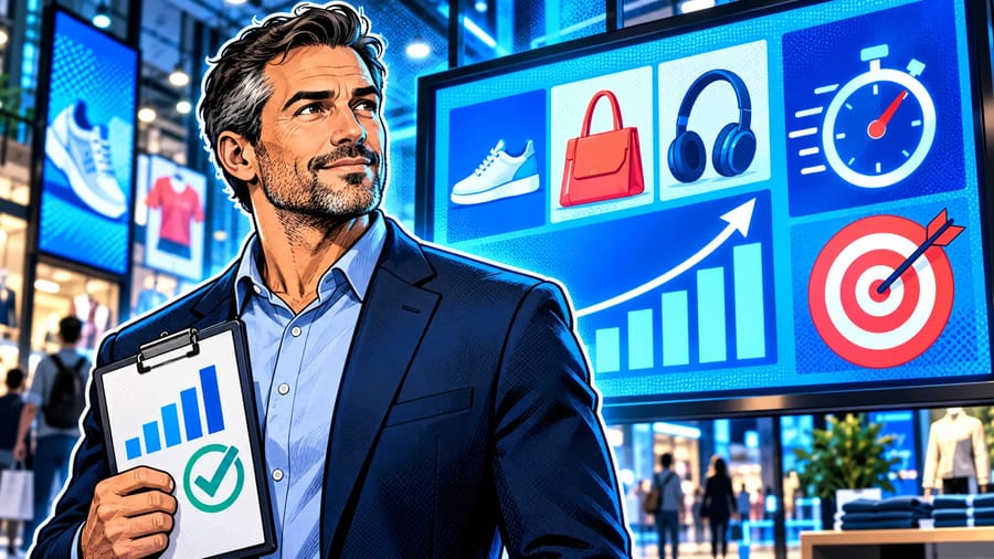 How Effective Is Digital Signage? The Metrics That Matter: editorial illustration of a focused middle-aged male retail operations manager wearing a navy blazer over a light blue collared shirt