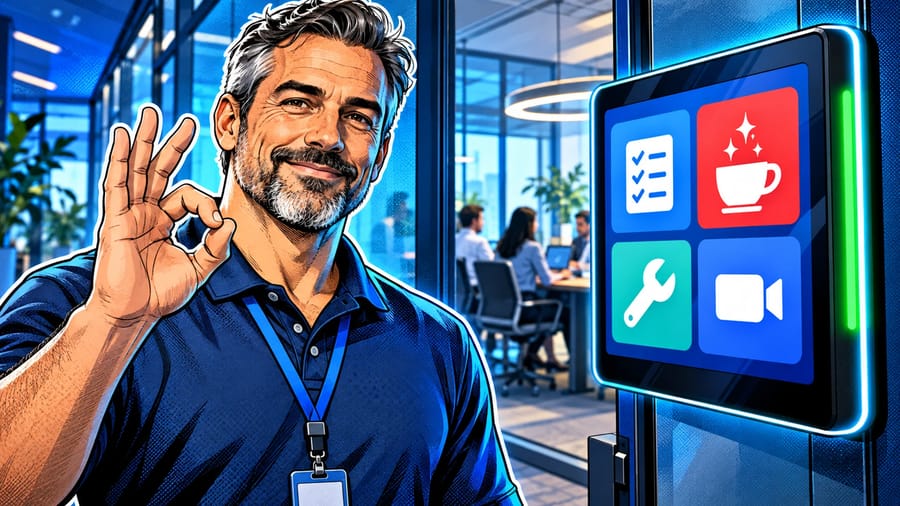 Meeting Room Displays for Office Operations: editorial illustration of a calm middle-aged male facilities manager in a smart polo shirt with an ID lanyard