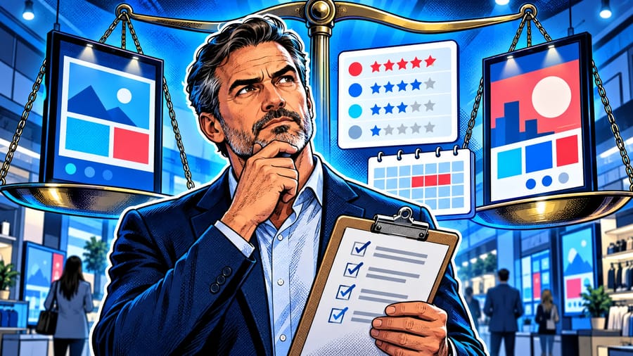 OptiSigns Alternative: Features, Pricing and Fit: editorial illustration of a thoughtful middle-aged male retail operations director in a navy blazer over a collared shirt
