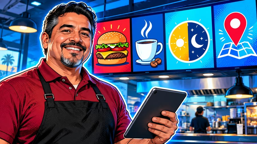 Restaurant Digital Signage: 10 Use Cases for Faster Updates: editorial illustration of a cheerful middle-aged Hispanic male restaurant manager wearing a crisp burgundy polo shirt and a black chef apron