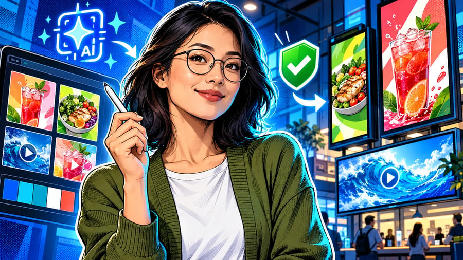 AI Digital Signage Content: From Brief to On-Brand Images and Video: editorial illustration of a focused thirties East Asian female brand designer wearing round glasses and an olive green cardigan over a white tee