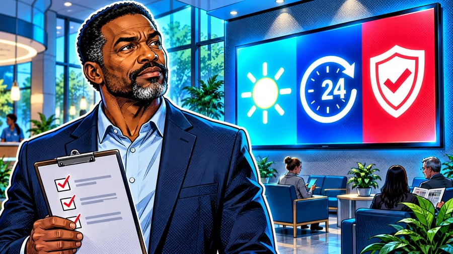 Best Commercial Smart TVs for Waiting Rooms and Lobbies: editorial illustration of a thoughtful middle-aged Black male clinic operations manager wearing a neat navy blazer over a light blue collared shirt