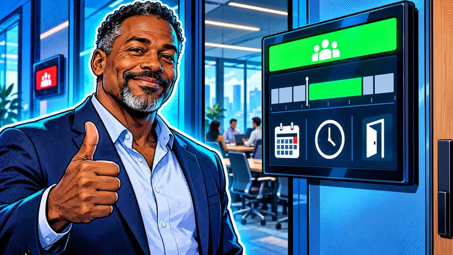 Conference Room Schedule Displays: What Should You Show?: editorial illustration of a calm middle-aged Black male workplace facilities manager in a smart navy blazer over an open-collar shirt
