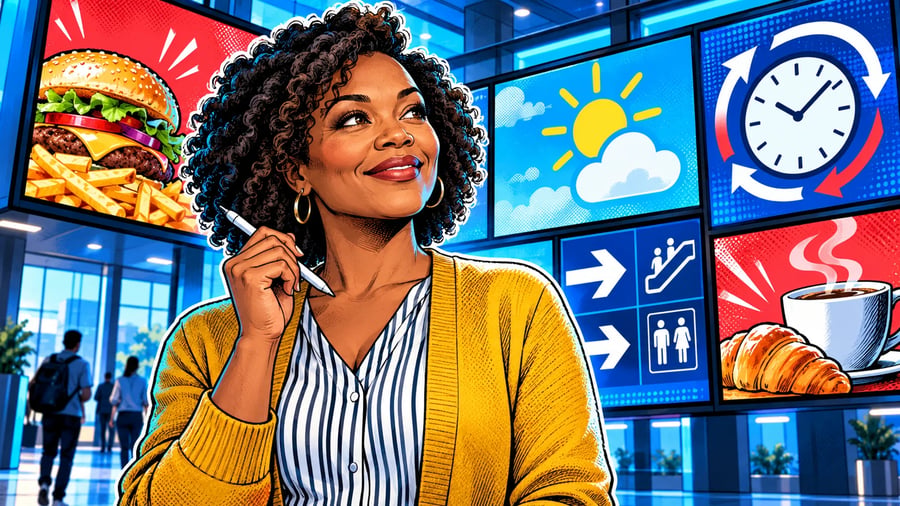 Digital Signage Content Ideas to Keep Screens Fresh: editorial illustration of a creative middle-aged Black female marketing coordinator wearing a mustard cardigan over a striped blouse