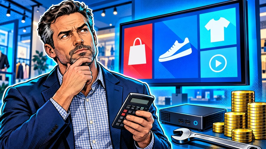 How Much Does Digital Signage Cost? Software, Hardware and Content: editorial illustration of a thoughtful middle-aged male retail operations manager in a navy blazer over a checkered button-down shirt