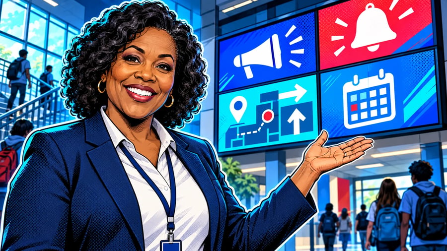 Digital Signage for Schools: Announcements, Wayfinding and Campus Updates: editorial illustration of a friendly middle-aged Black female school communications coordinator wearing a blazer with a lanyard over a collared shirt