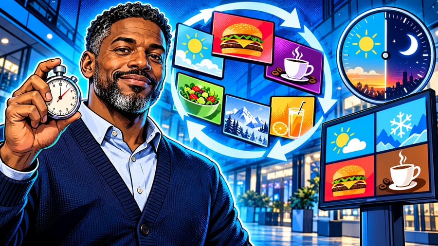 Digital Signage Playlists and Loops: Best Practices: editorial illustration of a calm middle-aged Black male marketing operations manager wearing a smart navy cardigan over a collared shirt