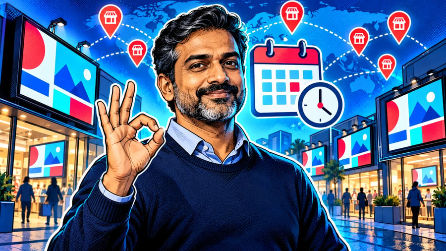 Digital Signage Software for Multi-Location Teams: editorial illustration of a calm middle-aged South Asian male retail operations manager in a smart navy sweater over a collared shirt