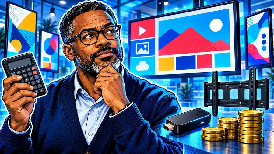 Digital Signage Software Pricing: What Should You Budget For?: editorial illustration of a thoughtful middle-aged Black male operations manager wearing glasses and a navy cardigan over a collared shirt