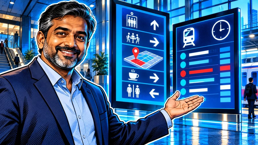 Digital Wayfinding Guide: Building Directories and Travel Schedules: editorial illustration of a welcoming middle-aged South Asian male facilities manager in a smart navy blazer over a light blue collared shirt