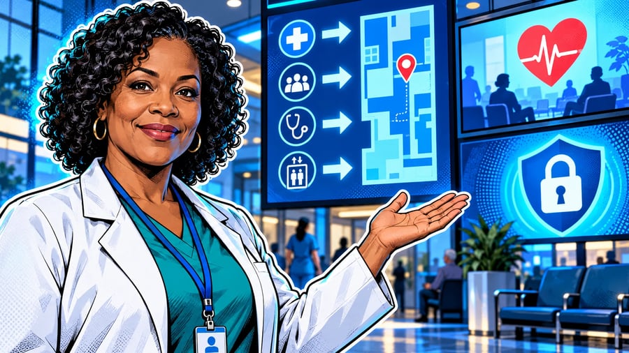 Healthcare Digital Signage: Wayfinding, Education and Staff Updates: editorial illustration of a calm middle-aged Black female clinic administrator wearing teal scrubs and a white lab coat with a lanyard