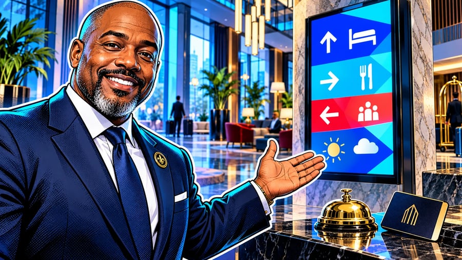 Hotel Digital Signage: Lobbies, Wayfinding and Guest Information: editorial illustration of a polished middle-aged Black male hotel general manager wearing a tailored navy suit with a golden lapel pin