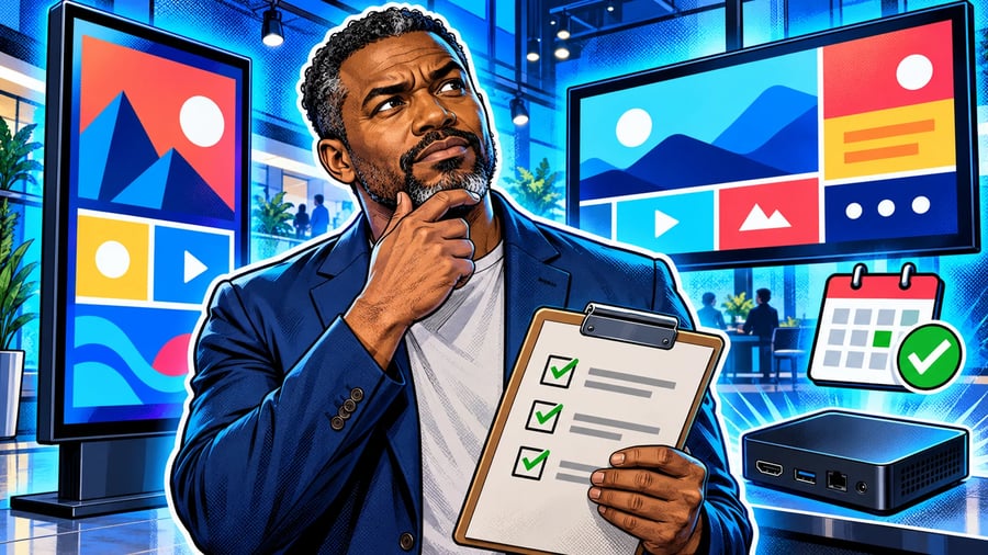 How to Choose the Right Digital Signage for Your Business: editorial illustration of a thoughtful middle-aged Black male business owner wearing a smart-casual navy blazer over a crew-neck shirt