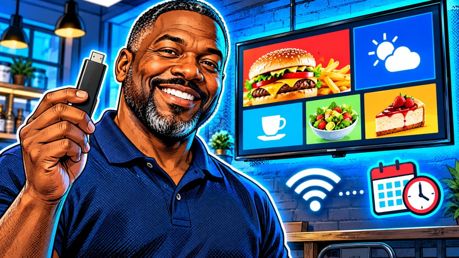 How to Set Up Digital Signage on a TV: editorial illustration of a cheerful middle-aged Black male shop owner wearing a navy polo shirt