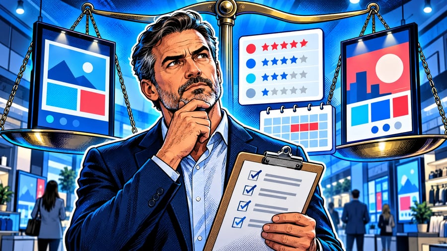 OptiSigns Alternative: Features, Pricing and Fit: editorial illustration of a thoughtful middle-aged male retail operations director in a navy blazer over a collared shirt