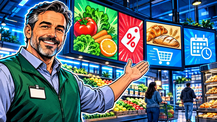 Supermarket Digital Signage: Promotions, Pricing and Supplier Media: editorial illustration of a friendly middle-aged male supermarket manager wearing a green vest over a collared shirt with a name badge