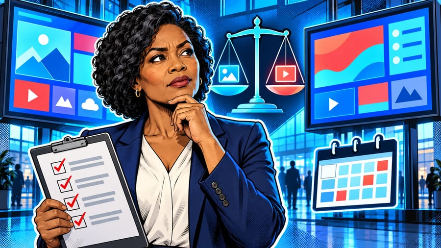 Yodeck Alternatives: What to Compare Before You Switch: editorial illustration of a thoughtful middle-aged Black female operations manager wearing a smart navy blazer over a cream blouse