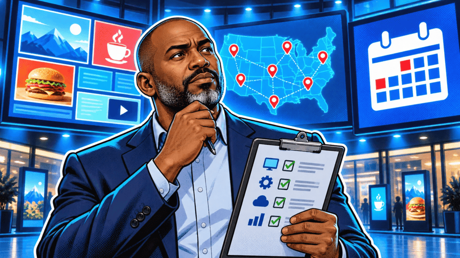 Yodeck vs. OptiSigns vs. PiloSign for Multi-Location Teams: editorial illustration of a thoughtful middle-aged Black male regional operations director in a navy blazer over a collared shirt